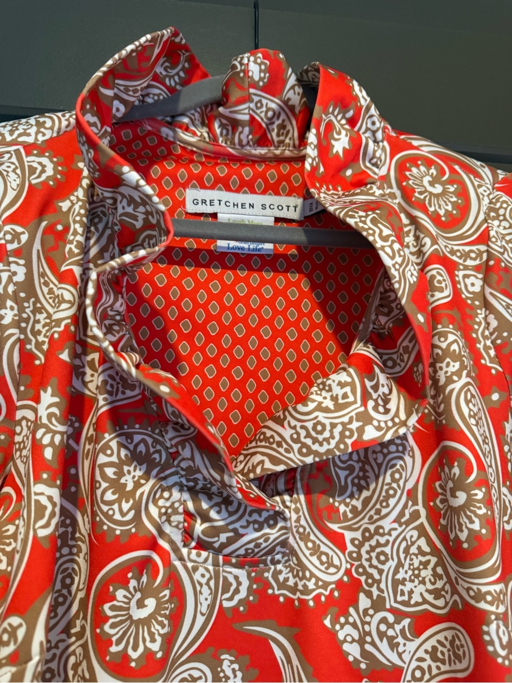 Gretchen Scott Paisley Red Dress with Ruffled Collar